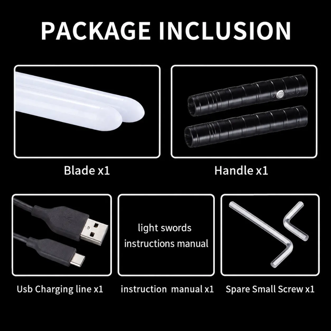 Package contents: blade, handle, USB charging cable, instruction manual, and spare screw